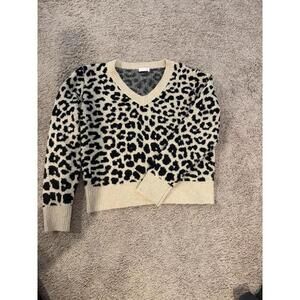 Pink Lily Womens Leopard Print Knit Sweater Cream Brown Vneck Long Sleeve